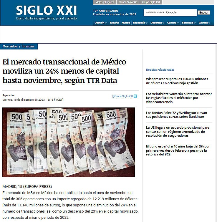 El mercado transaccional de Mxico moviliza un 24% menos de capital hasta noviembre, segn TTR Data